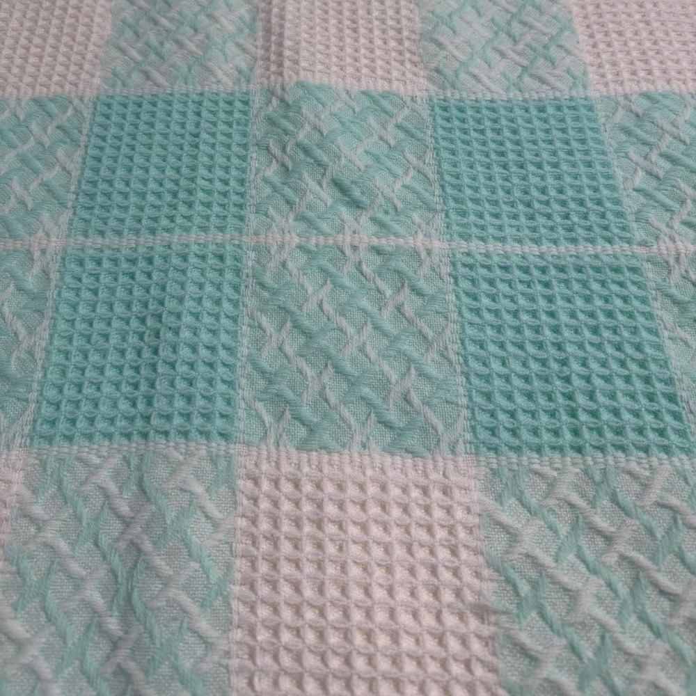 Vintage Mint Green White Baby Blanket Woven Fringe Mid Century 38x37